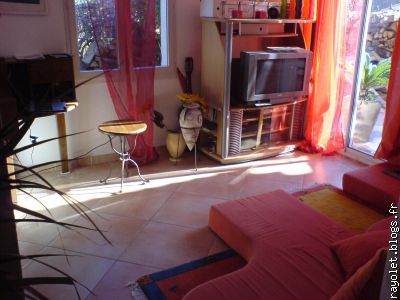 espace tv detente a côté de la terrasse vue sur les pins, oliviers, ..